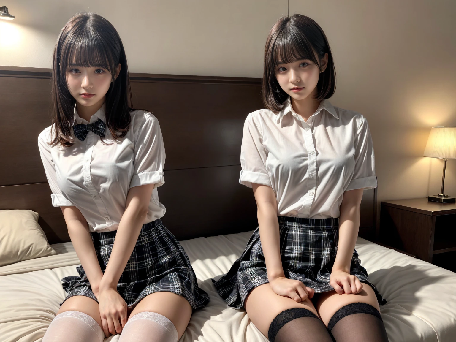 masterpiece, best quality, illustration, Super detailed, fine details, High resolution, 8K,wall paper, perfect dynamic composition,(Details High quality, realistic depiction of eyes:1.3), (2 girls), (white school shirt :1.2), (plaid skirt :1.3), tie black, black thigh-high stockings, sitting, open legs, short bob hair, in a hotel room in the background, deep on field, large breasts, black hair color, Big Natural Color Lip, (perfect body shape), crying a little、Harajuku style、20 year old girl、cute type、beautiful legs, Gravure Idol