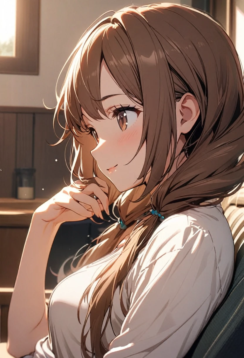 Solo, 1girl, Long Hair, low twin tails, brown hair, brown eyes, cute, mature, high detail, relaxing face, side view