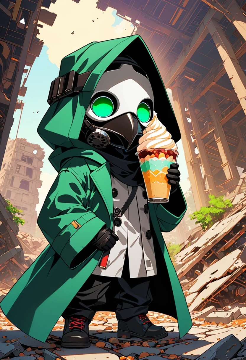 (masterpiece, best quality:1.1), (ultra highres, ultra-detailed:1.2),(doodle),pop-art,flatcolor,one chibi-boy,(male Mad-scientist,short hight),(wearing plague-doctor costume,white beak-mask),(eating parfait),eyes glow green,black hood,black lab-coat, mecha arm, BREAK boy pose,in mechanical ruins,absurdity, extraordinary,dynamic angle,