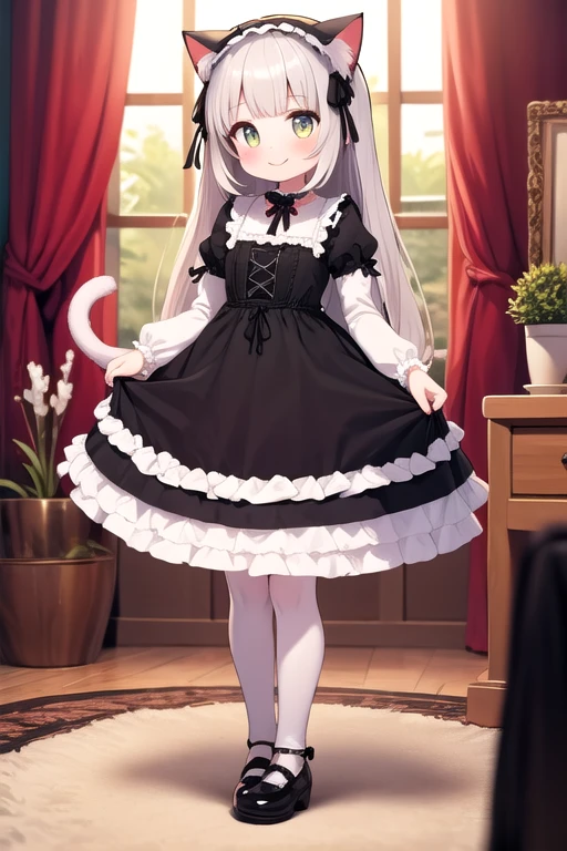 One girl,Cat girl,Animal ears,tail,View your viewers,A big smile,Teehee,Gothic ta,Lots of frills,Colorful cute room,Heart Items,Lots of ribbons,Are standing,whole body,