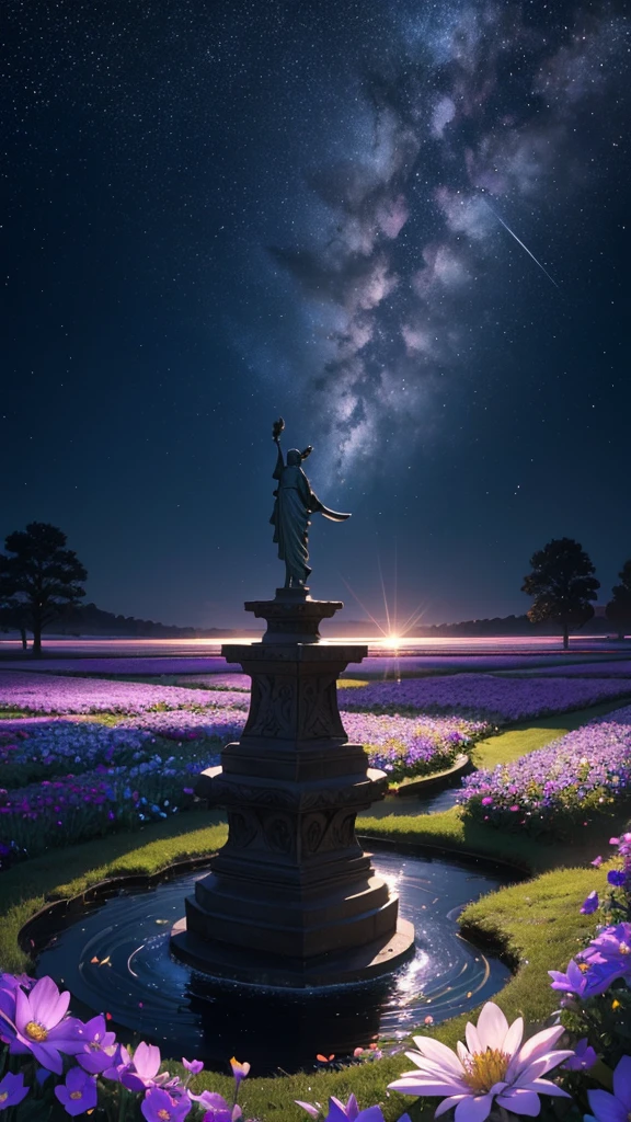 (Highly detailed CG Unity 8k wallpaper), The most beautiful works of art in the world, "Create a cinematic, dreamy, and beautiful realistic depiction of a vast flower field under a starry night. The landscape is enveloped in the darkness of midnight, with a sky full of stars casting a soft glow over the expansive flower field. The flowers, in a myriad of colors, stretch out as far as the eye can see, illuminated subtly by the starlight. The flowers exhibit a unique luminescence, with shades of blue, purple, white, and silver glowing softly in the dark. The gentle rustling of the flowers in the night breeze adds to the serene atmosphere. A faintly lit path winds through the flower beds, leading to small ponds and fountains that shimmer under the moonlight. In the distance, a mystical moon and countless stars enhance the tranquil beauty of the scene. At the edge of the flower field, ancient stone arches and statues stand, evoking the presence of a long-lost civilization. The depiction should capture the interplay between the night's darkness and the flowers' ethereal glow, creating a mesmerizing and enchanting scene that blends reality and fantasy.masterpiece,best quality,ultra detailed