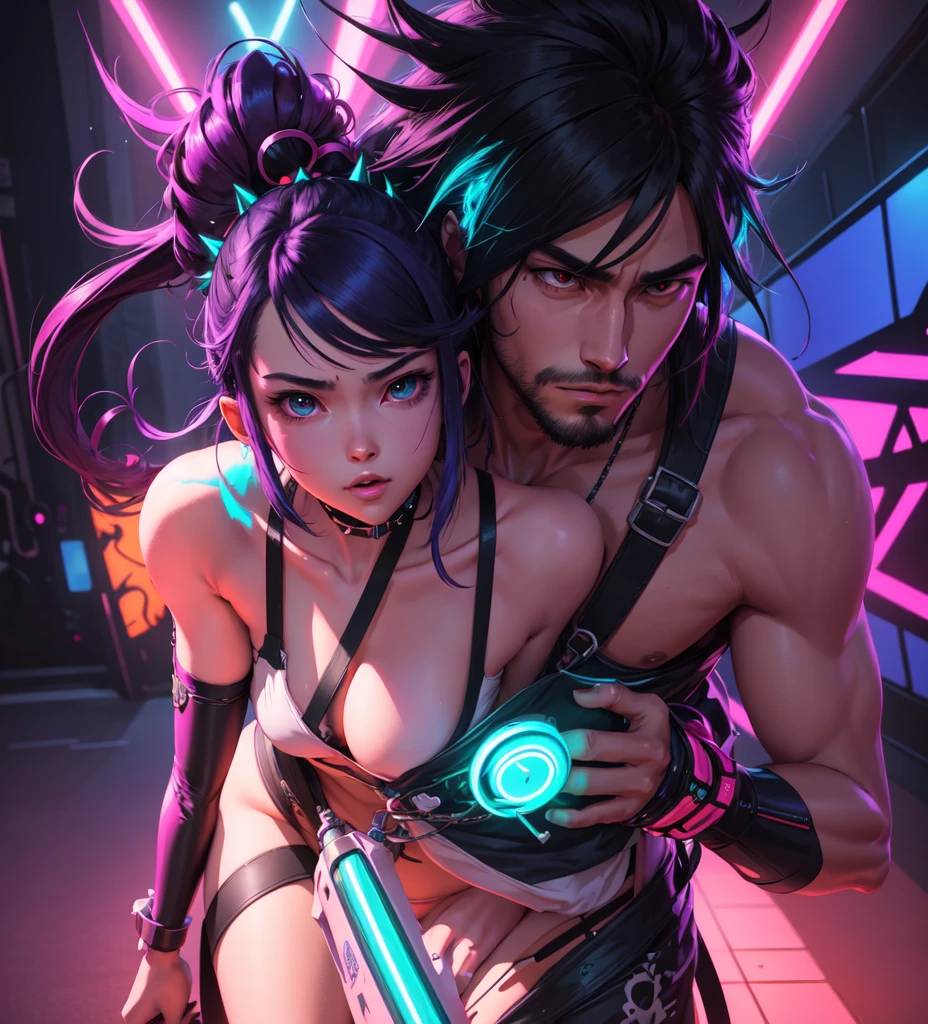 Man and woman, couple, leash, neon lights, neon colours, portrait, love, passion, spikes, art like Studio Ghibli masterpiece, best quality, ultra - detailed, illustration, anime aesthetic, cgsociety, fantasy art, artstation hd, cgsociety, aestheticism, aesthetic,  