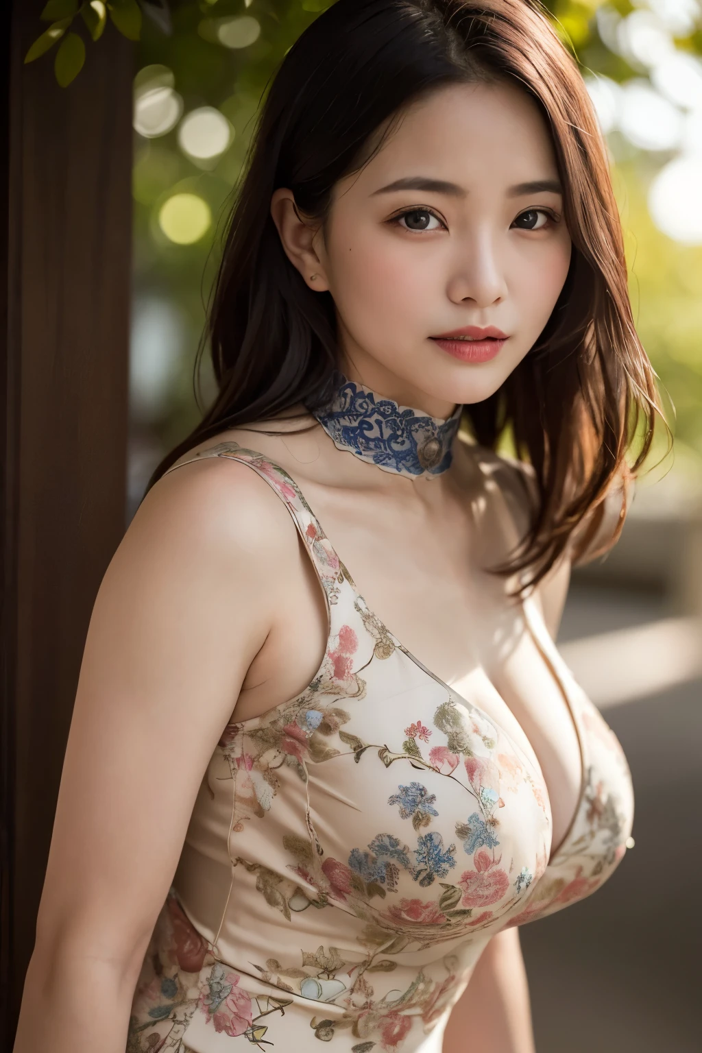 One girl, Mature Woman, photograph, Realistic, Highest quality, Detailed face, Detailed Background, Diffused sunlight, Depth of written boundary, Bokeh, China dress, sexy, Tribal pattern