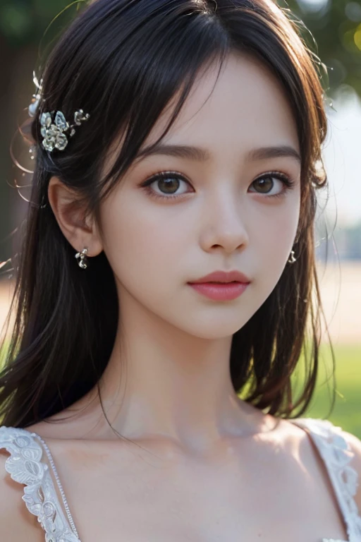(masterpiece, Highest quality, employment, High resolution:1.2), (Very detailed, Intricate details, High resolution), (Medium Close-up:1.2) The portrait we have (Sunny background:1.2), (Medium Shot:1.2), (Face Focus:1.1), (Soft Focus:1.2), Low light, (Out of focus:1.2), Bokeh, 1 1 1.4, 40mm, Realistic, born, 8k, ((Textured skin:1.1, Skin pores:0.3, Realistic Skin:1.1)), Intricate details, One girl, (Extremely clear images), Black Hair, Perm Straight Hairstyle, Very beautiful girl, ((masterpiece, Highest quality, Best image quality, High resolution, Realistic, RAW Photos, 8k)), ((Very detailed CG 統合 8k 壁紙))