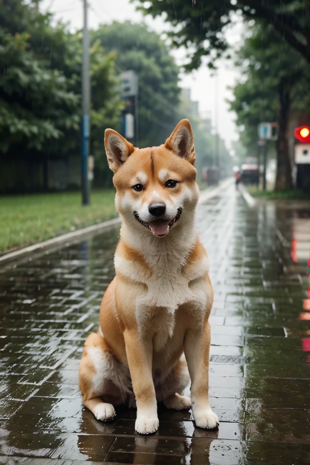 Shiba dog crying in the rain without people