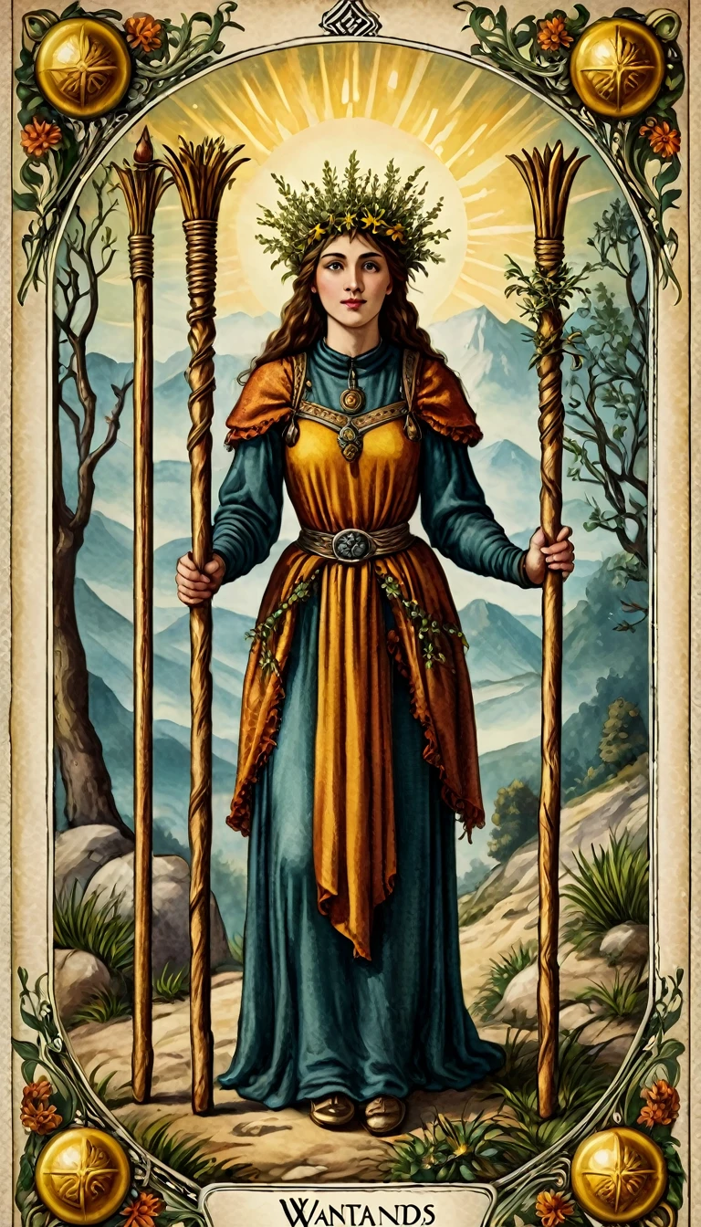 4 of wands tarot card, old world tartarian style ancient art, very detailed realistic
