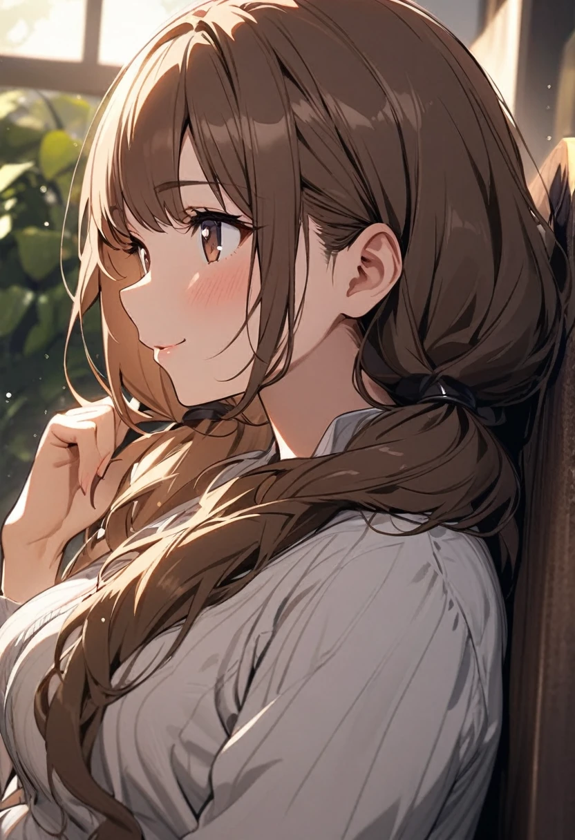 Solo, 1girl, Long Hair, low twin tails, brown hair, brown eyes, cute, mature, high detail, relaxing face, side view