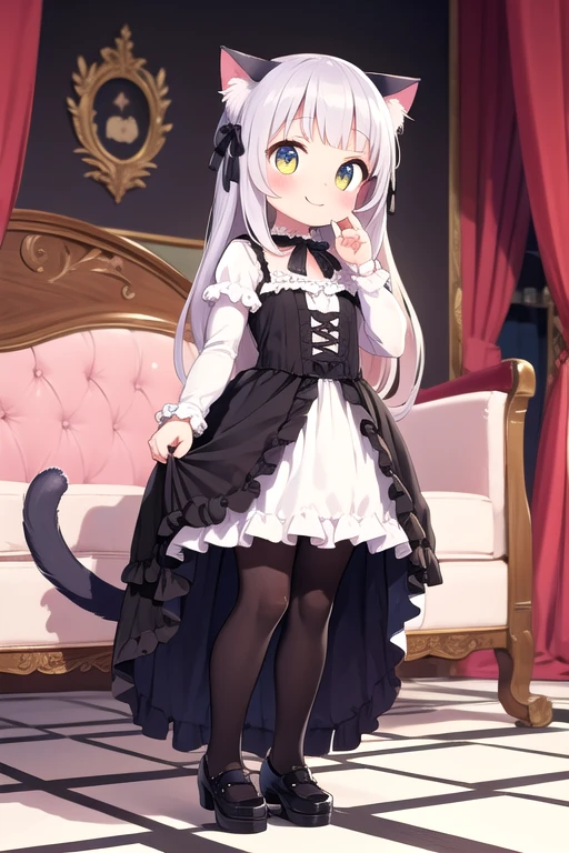 One girl,Cat girl,Animal ears,tail,Look up at the viewer closely,A big smile,Teehee,Gothic Lolita,Lots of frills,Colorful cute room,Heart Items,Lots of ribbons,Are standing,whole body,