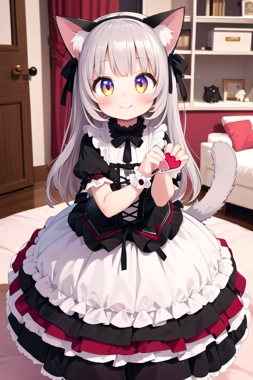 One girl,Cat girl,Animal ears,tail,Look up at the viewer closely,A big smile,Teehee,Gothic Lolita,Lots of frills,Colorful cute room,Heart Items,Lots of ribbons,Are standing,whole body,