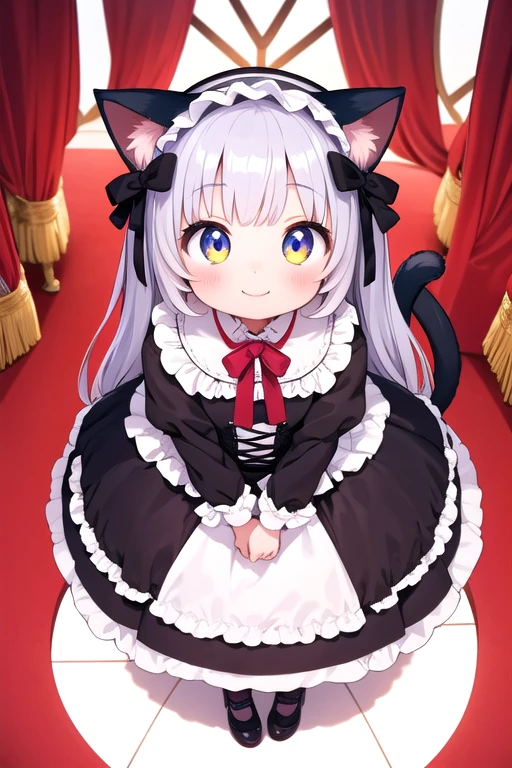 One girl,Cat girl,Animal ears,tail,Look up at the viewer closely,A big smile,Teehee,Gothic ta,Lots of frills,Colorful cute room,Heart Items,Lots of ribbons,Are standing,whole body,