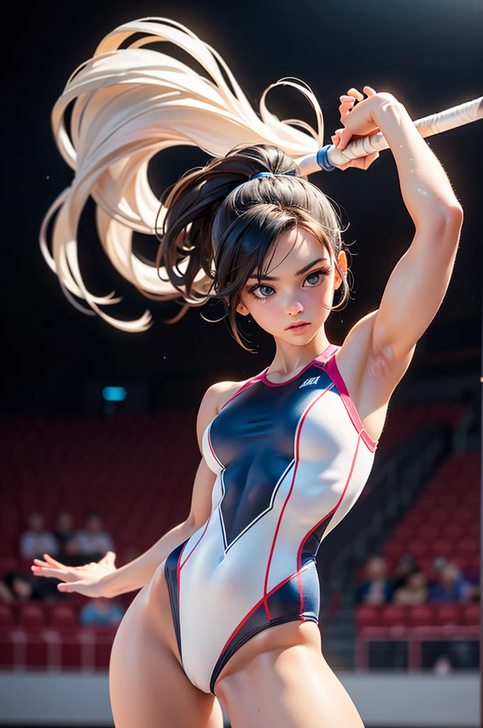 A magnificent and beautiful Olympic gymnast (with an athletic physique:1.5) (in a highly detailed style:1.4) [(influence of Annie Leibovitz)] (performing a graceful routine:1.3) (with a focus on perfect form and technique) (detailed muscles, flawless posture, and dynamic movement) (dramatic lighting to highlight the elegance and strength of the gymnast) (background with subtle elements of a gymnastics arena) (best quality, high quality, Photoshop details, perfect anatomy, perfect hands, perfect eyes, perfect clothes, perfectly textured)
