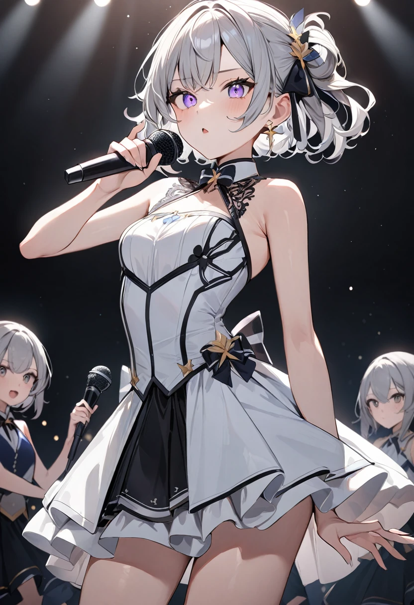 (masterpiece, top quality, very aesthetic, 4k、illustration), intricate detail, 1woman,、solo,contrapposto 、,(cowboy shot)、(),Cute、Hold the microphone with both hands、singing、serious、Random Hairstyle、Random Hair Color、,middle hair,sidelock ,Random Color eyes、idol clothes、small breasts、Slim 、