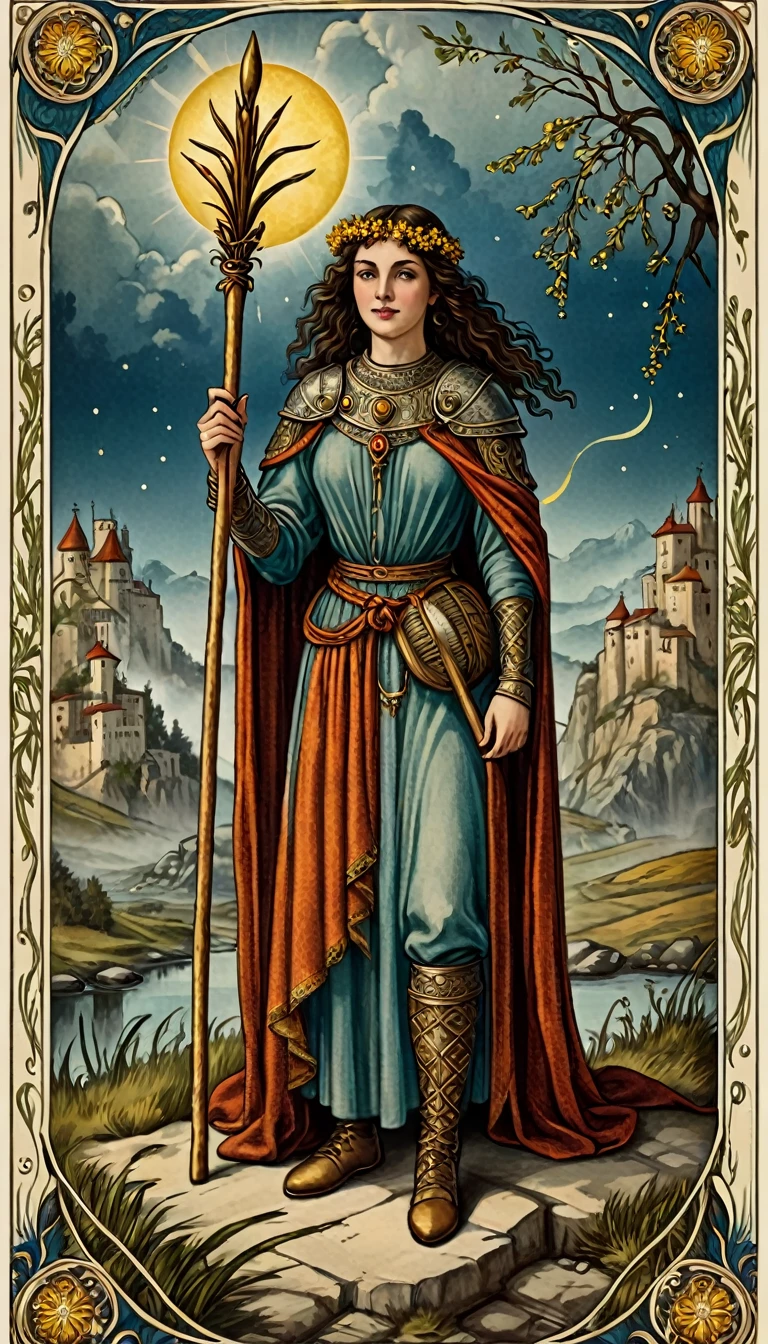 6 of wands tarot card, old world tartarian style ancient art, very detailed realistic