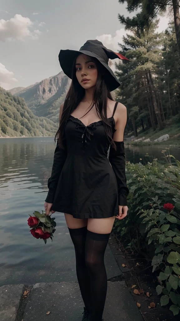 Girl in a black short dress, Black stockings on her legs, Girl standing on the shore of the lake, Witch hat on her head, holding a red rose in his hands, everything is in shades of gray except the rose