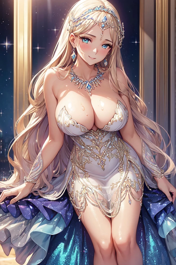 (high quality, High resolution, The finer details), Mermaid line sequin dress, elegant and sparkling, Luxury Necklace, 
Cleavage, (Are standing), Graceful pose, alone, Curvaceous mature woman, Sparkling eyes, (Detailed eyes:1.2), smile, blush, Sweat, Oily skin, (Hit the knee), Dramatic lighting, Structure of the film, Soft tones, Shallow depth of field