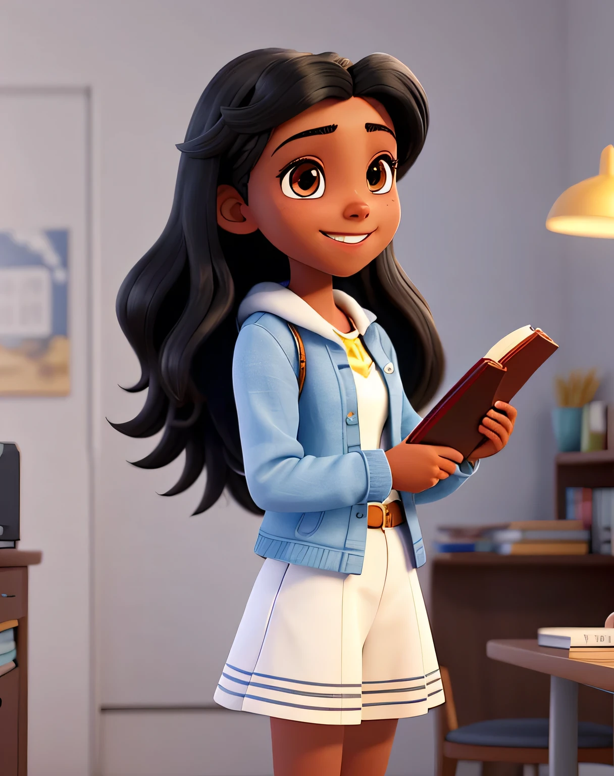 A -yeld gi fair skin and black hair with a book in her hand, radiating a genuine smile, poses against a pristine white background. Dressed in a , a testament to her dedication to her studies. . High-quality, detailed digital artwork features sharp focus, vibrant cores, and a cinematic lighting effect that adds depth and realism to the scene. Looking into the camera, enjoy this cartoon digital painting masterpiece, meticulously crafted in Anime style.