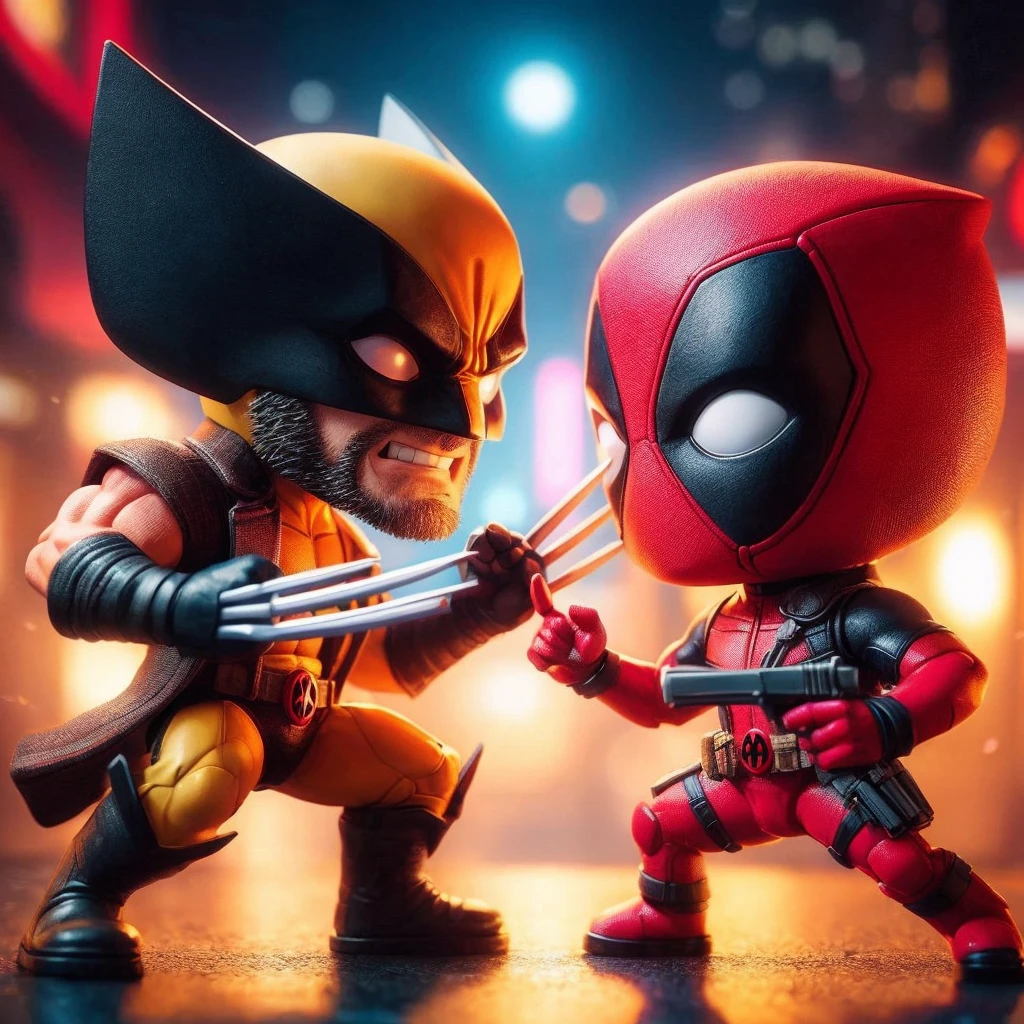 chibi style, wolverine pointing claws at deadpool's stomach, deadpool pointing a gun at wolverine's head, highly detailed, cinematic lighting, dynamic action pose, vibrant colors, comic book style, masterpiece, 8k, photorealistic