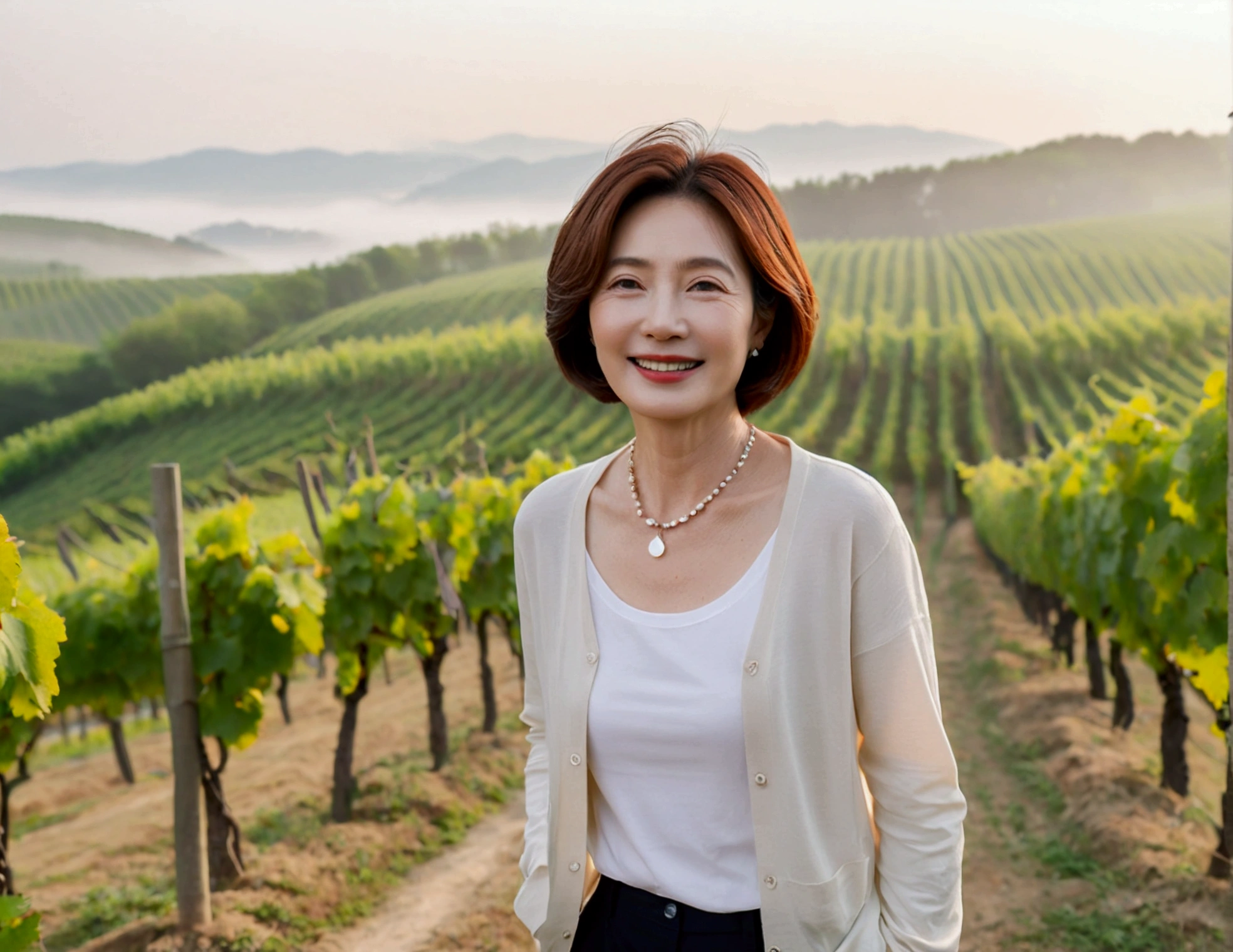 Italy foggy countryside dawn, Endless vineyards, A cathedral can be seen far away in the fog.. 50대 한국 여자 Wrinkles around the eyes, Wearing a short cardigan over a luxury brand white T-shirt, casual pants, Korean woman with beautiful medium bob hair, Standing on a path on top of a vineyard hill, Beautiful Korean woman with bright and clear skin, The neck line is clean and beautiful.. Stunning Korean woman smiling, standing in the vineyard, necklace, 1 woman, Wrinkles around the eyes, Woman in her 50s, Your eyes are big and pretty