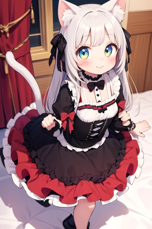 One girl,Cat girl,Animal ears,tail,Embrace the viewer and look up,A big smile,Teehee,Gothic Lolita,Lots of frills,Colorful cute room,Heart Items,Lots of ribbons,Are standing,whole body,