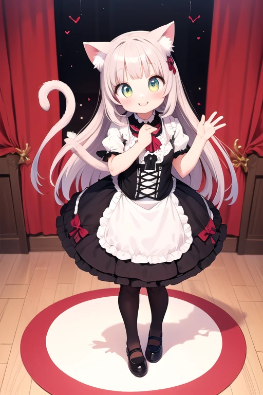 One girl,Cat girl,Animal ears,tail,Embrace the viewer and look up,A big smile,Teehee,Gothic Lolita,Lots of frills,Colorful cute room,Heart Items,Lots of ribbons,Are standing,whole body,