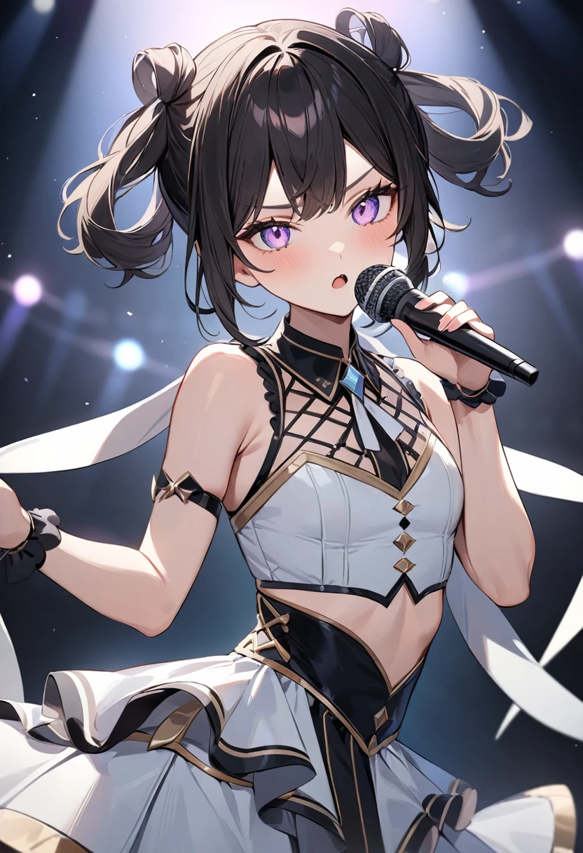 (masterpiece, top quality, very aesthetic, 4k、illustration), intricate detail, 1woman,、solo,contrapposto 、,(cowboy shot)、(),Cute、Hold the microphone with both hands、singing、serious、Random Hairstyle、Random Hair Color、,middle hair,sidelock ,Random Color　eyes、idol clothes、small breasts、Slim 、