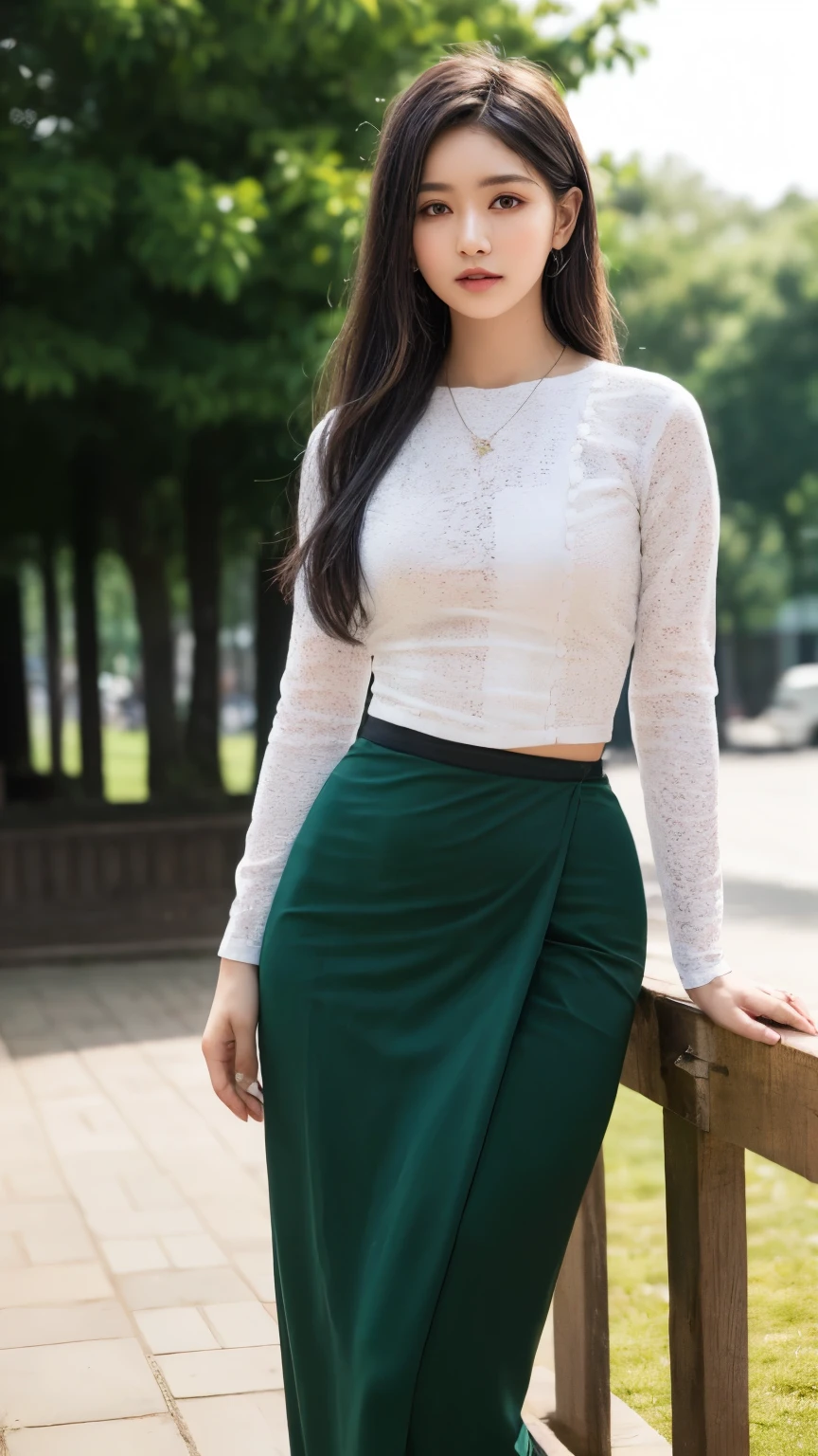 (masterpiece), (best quality), (ultra detailed),(disheveled hair),(illustration), (1girl), beautiful detailed eyes, delicate beautiful face, (high saturation), (shining), 1 girl, wearing acmmsayarma outfit, acmmsayarma white top, lace long sleeves, ((acmmsayarma dark green long skirt)) , Layered necklaces, anklets, outdoor, standing and looking at the viewer