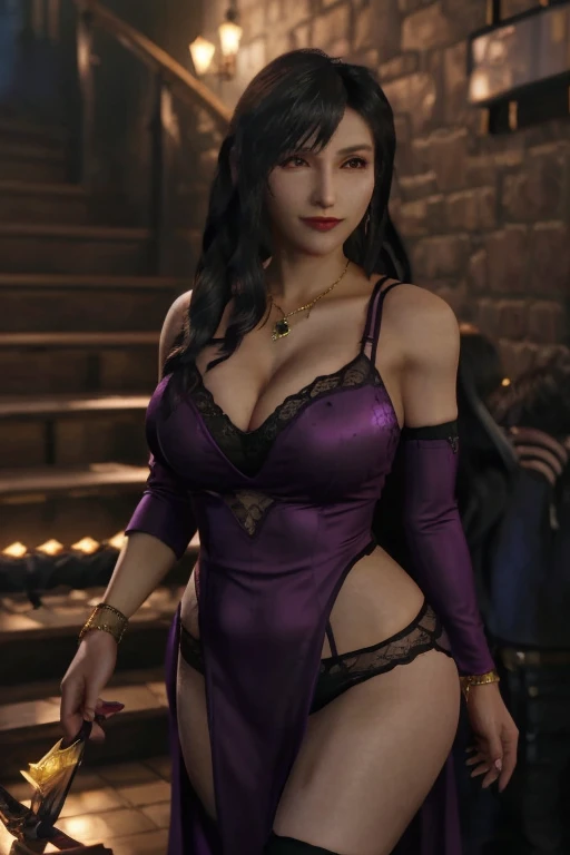 Tifa lockhart, implated Big breast, Sexy purple leopard print lace Bra and Panty,Wearing Fur Coat jacket,Game,1girl,Jewel wedding ring,Gold chained round shape necklace,Hoopa earring,Walking down stair,Bracelet,Red lips,(Dark blue eyeliner),Heart shaphed stabbed by arrow tattoo in breast,(Big cleavage),((black long curly hair)),Look at viewer,Curvy,Unnatural big breast,Cleavage,Purple color long nail,Swaying hip,Big hips,Plump