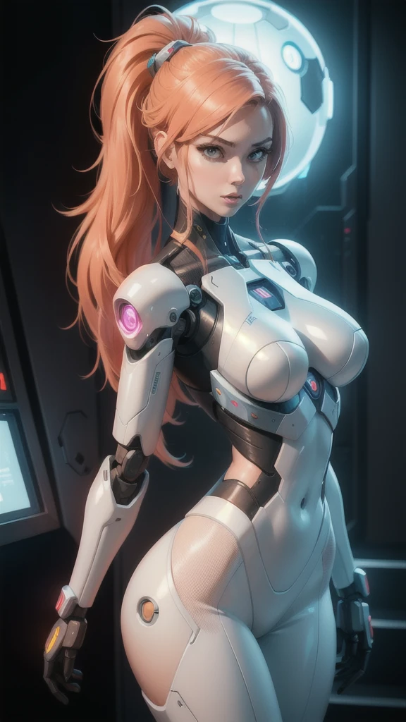 female,robot ,female,robot cyborg mech, peach hair, cyberpunk:0.35, perfect lighting, perfect shading, detailed, intricate, (perfect body), beautiful face, flowing hair, ((full torso)), photorealistic:1.35, mature adult:1.4,