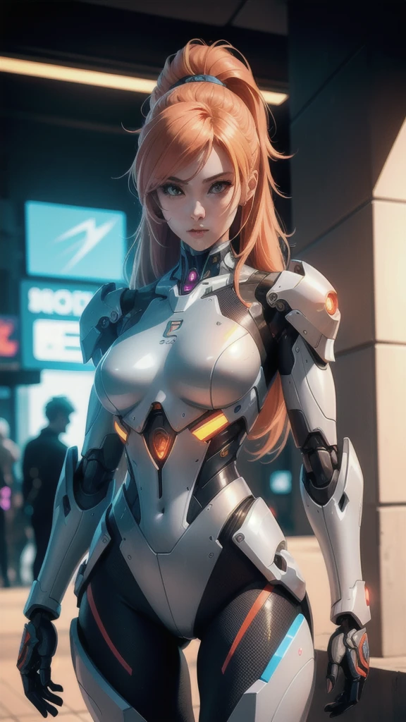female,robot ,female,robot cyborg mech, peach hair, cyberpunk:0.35, perfect lighting, perfect shading, detailed, intricate, (perfect body), beautiful face, flowing hair, ((full torso)), photorealistic:1.35, mature adult:1.4,