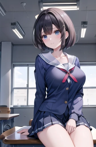 masterpiece, Highest quality, High resolution, hmhy1, short hair, Blue Shirt, , Pleated skirt, Long sleeve, clavicle, Seraphim,Large Breasts、 Cowboy Shot, indoor, classroom, Sitting, machine, Chair,