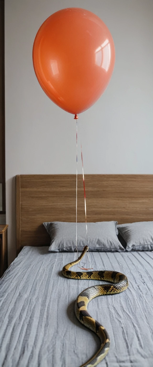 A venomous snake is biting a balloon on a bed,indoor,