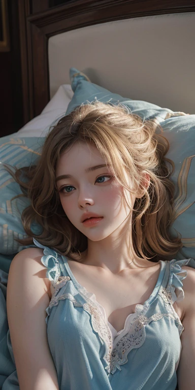 (masterpiece: 1.2, Portraiture, Highest quality), Realistic, (Live Action, Intricate details, Written boundary depth), Highest quality, masterpiece, Attention to detail, semi-Realistic, Sleeping in bed, shy, 21 years old, Short Blonde, blue eyes, pajamas, Slim figure、Canopy bed、