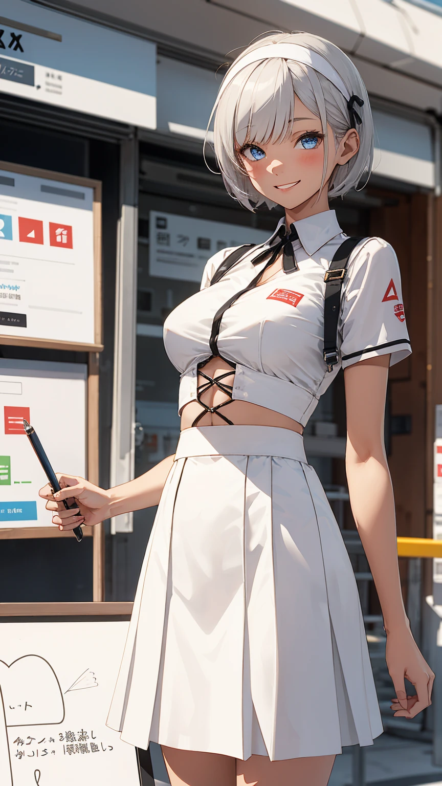 ((Girl standing next to a large white sign)), ((Upper Body)), 1 Girl、Beautiful silver hair、((((Very short hair))))、Blue eyes、(hair band)、((Blunt bangs)), small breasts、22 years old, (tsurime), Tight waist、smile、(((Wink))), Natural lighting、Very cute face, Cute pose、Monte Carlo Street Circuit, Promotion Girl, Grid Girls, The promotional costumes are exquisitely tailored., paying meticulous attention to detail, Lace-up boots, Short sleeve, White cropped tops, Knee-length, Exposing shoulders, Knee-lengthグリッターナイロンプリーツスカート, Asymmetrical medium size nylon pleated skirt, Promotional wear with logo, Red and white glitter promotional wear、(Holding a white board)、Shallow depth of field