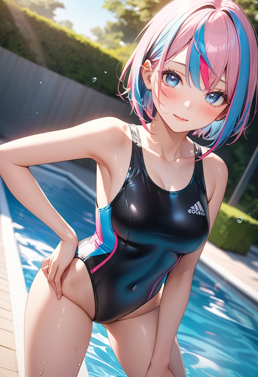 (masterpiece), (best quality), (ultra-detailed), (highest quality), (2.5D), 1 girl, very delicate facial expressions, erotic, only sexy woman, healthy figure, ((25-year-old woman)), 170cm tall, medium firm swaying breasts, (short hair), (pink hair:1.5), pink and blue, ((streaked hair:1.9)), (highlights hair: 1.6), bob cut, blue eyes, blush, (thin thighs), (camel toe:0.7), (visible nipples:1), (Erect nipples:1), (black competition swimsuit), shiny and lustrous, facing straight at viewer, (((in heat))), ((Oily_skin)), ((dutch angle)), ((erotic pose)), relaxing by the pool in midsummer