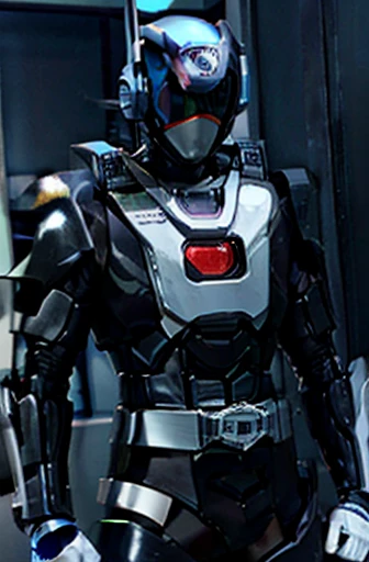 Robocop goggles, Kamen Rider armor, cool handsome man, body restrained