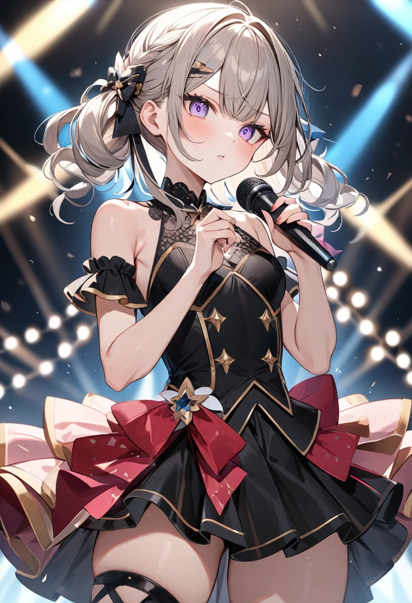 (masterpiece, top quality, very aesthetic, 4k、illustration), intricate detail, 1woman,、solo,contrapposto 、,(cowboy shot)、(),Cute、Hold the microphone with both hands、singing、serious、Random Hairstyle、Random Hair Color、,middle hair,sidelock ,Random Color　eyes、idol clothes、small 、Slim 、