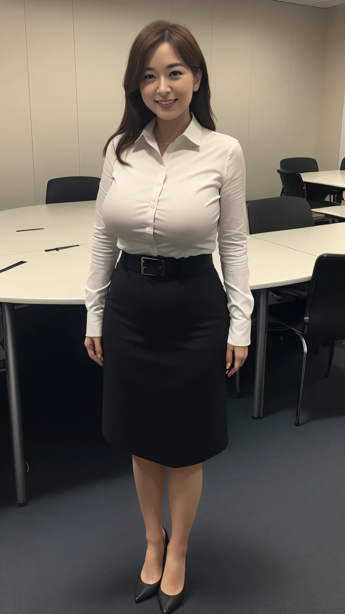 ((highest quality, 8K, masterpiece, portrait: 1.3)), (looking at the viewer), (full shot:0.85), attractive business mature woman, 1 person, a little chubby:0.４,brown medium hair、 white collared shirt, gray tight skirt,((big breasts 1.6)) (big pelvis:0.9), ((Are standing)), smile:0.2, conference room、,good posture、カーテンを閉め切ったconference room、a little dark room、


