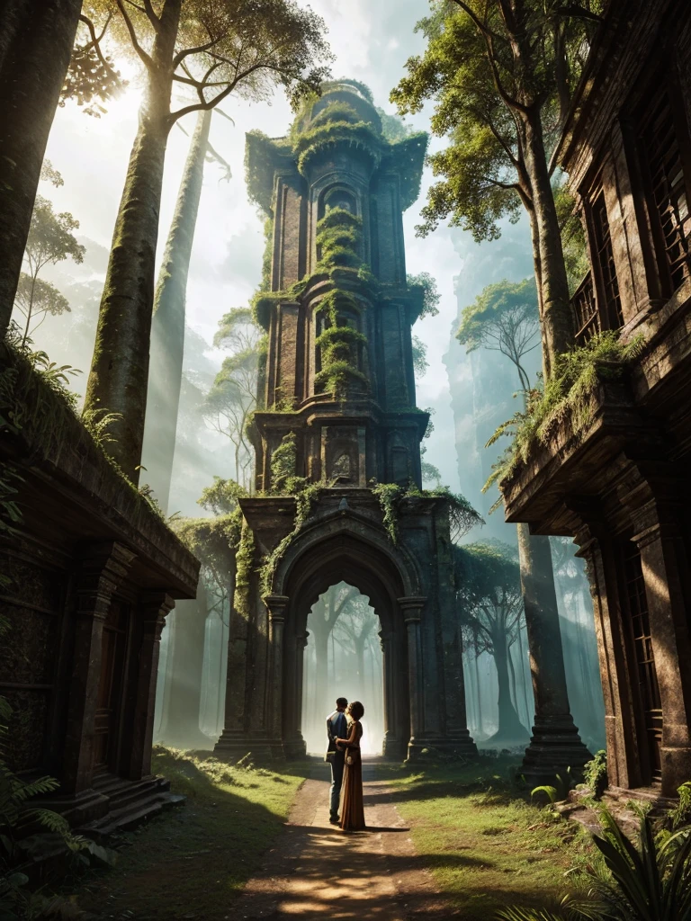 "Design a captivating book cover for 'Journey Through the Unknown,' an adventure and exploration novel. The cover should evoke a sense of mystery and adventure.
Background: A dense Amazon jungle with towering trees and vibrant greenery.
Foreground: An ancient, partially overgrown stone structure with intricate carvings.
Characters: Silhouettes or partial images of the main characters (Rohan, Maya, Anil, Zara, Dr. Neil) exploring the ruins.
Title and Author's Name: The title 'Journey Through the Unknown' Author name ' Siddheswar Mahanand ' should be bold and prominent with an adventurous font, and the author's name below it in a complementary style.
Color Scheme: Rich, earthy tones like greens, browns, and golds with shadows and lighting effects.
Mood and Style: Adventurous, mysterious, and inspiring."