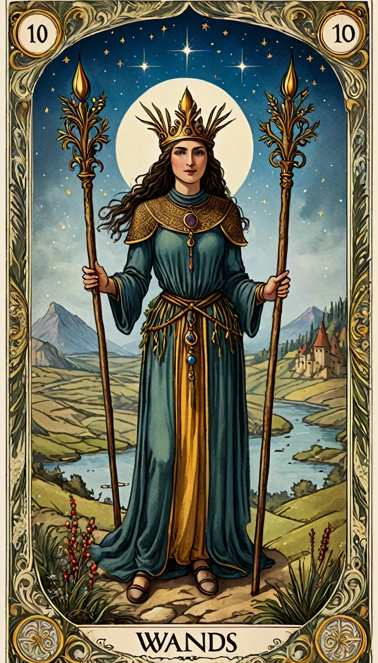 10 of wands tarot card, old world tartarian style ancient art, very detailed realistic 