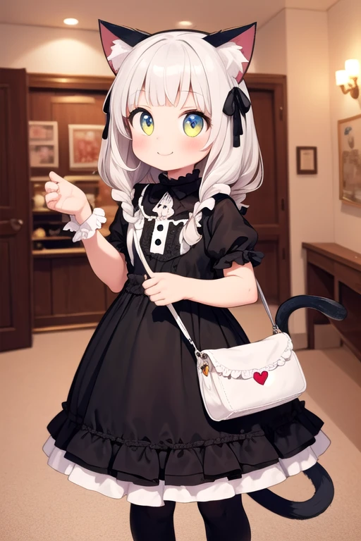 One girl,Cat girl,Animal ears,Fluffy tail,Approaching the viewer and looking up,A big smile,Meatball Handbag,Teehee,Gothic ta,Lots of frills,Colorful cute room,Heart Items,Lots of ribbons,Are standing,whole body,