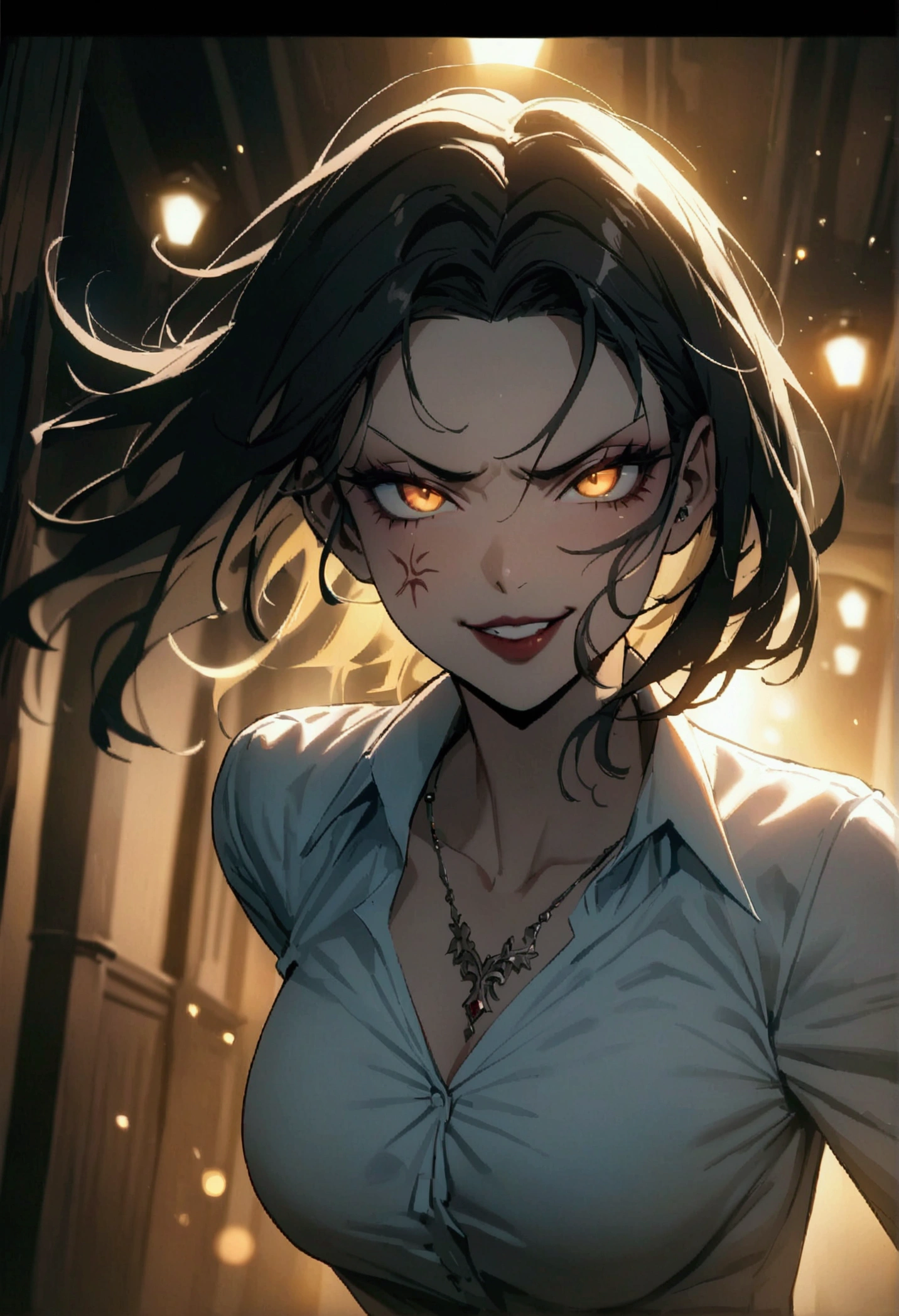 white shirt (((masterpiece, highest quality)), (anime women), women, (old hotel corridor neighbour), cinematic lighting (best quality:1.2)detailed, lights, vivid colors,bokeh, angry looking face with smirk on mouth, piercing, ((piercing)), gaze, 4k, particles in the air, powers, amazing art work full of details, dynamic movement, (dark lips), scars,