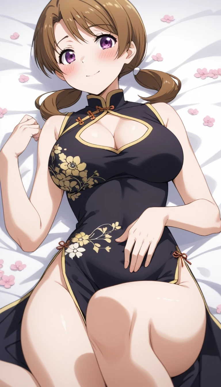 score_9, score_8_up, score_7_up, rating_explicit, 1girl, solo, honoka mitsui, mahouka koukou no rettousei, mitsui honoka, purple eyes, brown hair, medium hair, twintails, low twintails, large breasts, white china dress, chinese clothes, black dress, print dress, cherry blossom print, cleavage cutout, clothing cutout, covered navel, bare arms, sleeveless, sleeveless dress, short dress, side slit, pelvic curtain, bare legs, cleavage, lying, on back, looking at viewer, simple background, white background, blush, smile, closed mouth