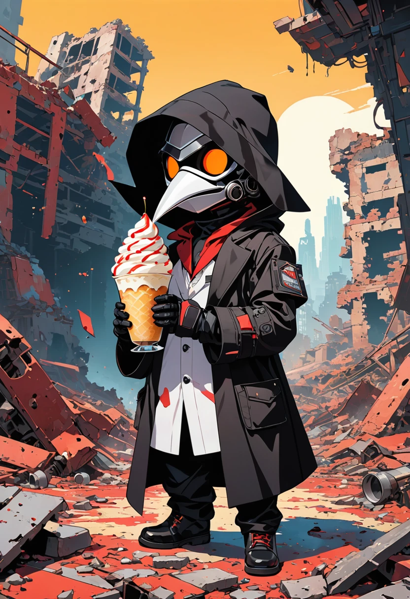 (masterpiece, best quality:1.1), (ultra highres, ultra-detailed:1.2),pop-art,flatcolor,one chibi-boy,(male Mad-scientist),(wearing plague-doctor costume,white beak-mask),(eating parfait),eyes glow red,black hood,black lab-coat, mecha arm, BREAK boy pose,in mechanical ruins,absurdity, extraordinary,dynamic angle,