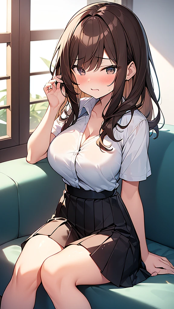 (Masterpiece, Top quality: 1.5) ,(1 girl, solo :1.2),  (large breasts:1.3), (cleavage:1.1), (short sleeve  dress shirt, Pleated skirt :1.4), standard weight, ( brown hair:1.4), (airy hair, wavy hair:1.3), long hair ,asymmetry bangs, swept bangs, 14 year old, angry:1.2, (flustered:1.4), beautiful scene of living room , dynamic pose, magnificent panorama view, sitting on the sofa, wet:1.1