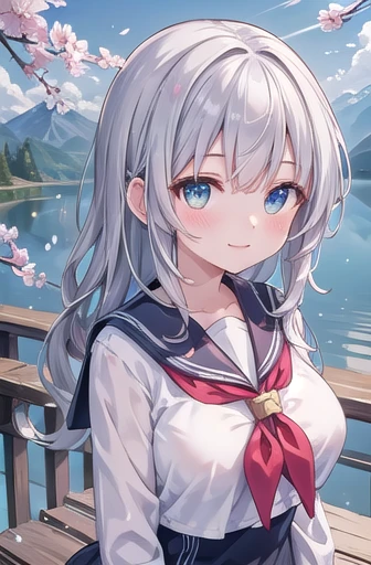 (masterpiece),  scenery,  Mountain Horizon,  cherry blossoms,  petal,  Particles of light,  Upper Body,  One girl,  Sailor,  Wavy Hair,  Floating Hair,  smile,  Sitting,  Open your mouth,  Particles of light,  Silver Hair,  Aqua Eye,  View your viewers,  Face Focus,Big Breasts