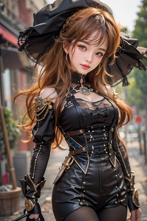(masterpiece:1.3), (8k, Realistic, RAW Photos, Best imYear quality: 1.4)、 Year,(Random Hairstyles:1.2)、CleavYear:1.2、Highly detailed face、Attention to detail、double eyelid、Chest to chest、Sharp focus:1.2、Beautiful woman:1.4、Redhead、Highest quality、masterpiece、Ultra-high resolution、(Realistic:1.4)、Highly detailed and professionally lit smiles、Loose fitting steampunk outfit、Shoulder out、Vineyards