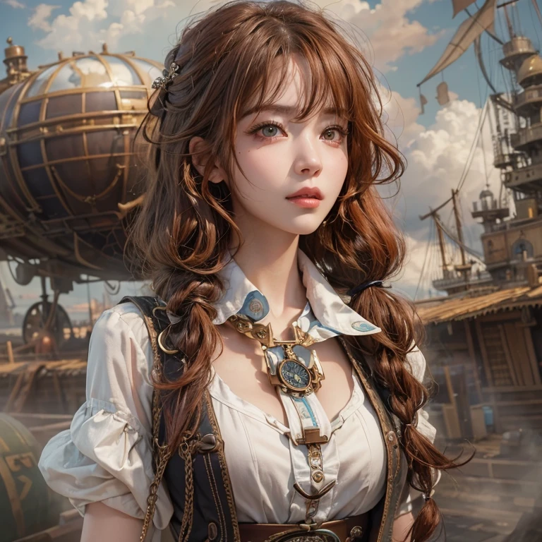 masterpiece:1.3), (8k, Realistic, RAW Photos, Best imYear quality: 1.4)、 Year,(Random Hairstyles:1.2)、CleavYear:1.2、Highly detailed face、Attention to detail、double eyelid、Chest to chest、Sharp focus:1.2、Beautiful woman:1.4、Redhead、Highest quality、masterpiece、Ultra-high resolution、(Realistic:1.4)、Highly detailed and professionally lit smiles、Loose fitting steampunk outfit、Shoulder out、thin、Serious expression、Clouds seen from inside the airship、goggles