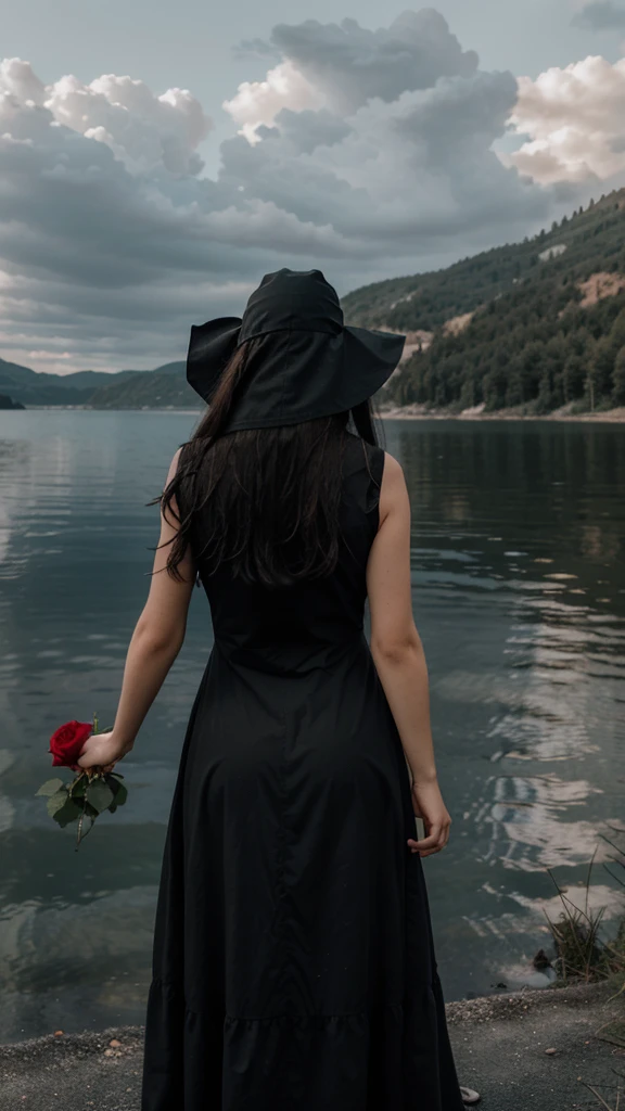 Girl in black long dress, Girl standing on the shore of the lake, Witch hat on her head, holding a red rose in his hands, everything is in shades of gray except the rose, There are clouds in the sky, a ray of light falls on a girl from behind the clouds