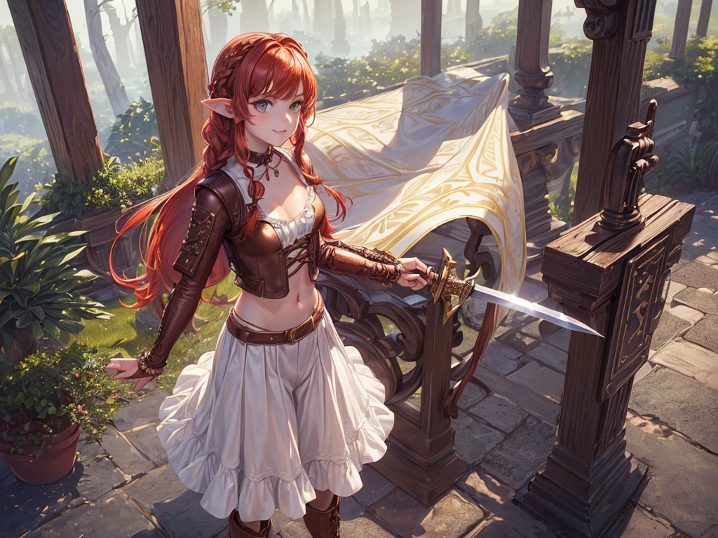 (((top-quality, masterpiece))), (best quality), (detailed), (((one young girl))), (solo girl), (wooden elfe girl), happy, charming, smiling, ((highly detailed beautiful face)), delicate girl, delicate face, ((red hair)), long hair, braids, bleu eyes, dark look, focused, ((small breasts)), nice hips, flat belly, slim waist, define collarbone, (((sofisticated and detailed brown leather clothes))), ((pretty white shirt with frills)), (sexy laces top), (deep cleavage), (((long brown leather boots))), ((chocker)), ((warrior, adventurer, standing, protecting, bow, sword, guardian)), sexy pose, cinematic shadow, sweet forest atmoshpere,