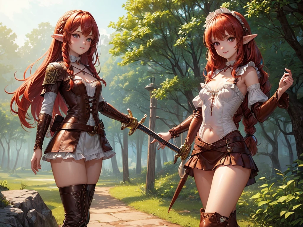 (((top-quality, masterpiece))), (best quality), (detailed), (((one young girl))), (solo girl), (wooden elfe girl), happy, charming, smiling, ((highly detailed beautiful face)), delicate girl, delicate face, ((red hair)), long hair, braids, bleu eyes, dark look, focused, ((small breasts)), nice hips, flat belly, slim waist, define collarbone, (((sofisticated and detailed brown leather clothes))), ((sexy laces top)), large cleavage, (((long brown leather boots))), ((chocker)), ((warrior, standing, protecting, bow, sword, guardian)), sexy pose, cinematic shadow, sweet forest atmoshpere,